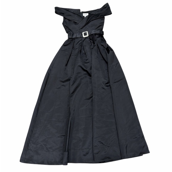 Faeriesty Off Shoulder Buckle Belted Satin Gown - Picture 2 of 5